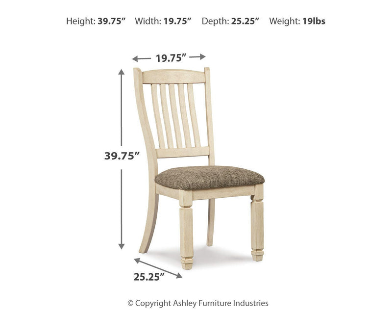Ashley Furniture Bolanburg dining room set with a table and matching chairs, showcasing a classic wood finish and elegant design.
