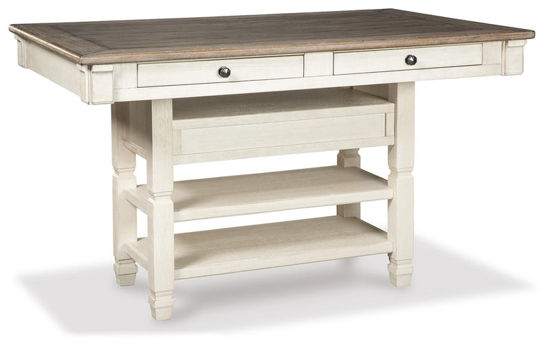 Ashley Furniture Bolanburg dining room set with a wooden table and matching chairs, shown from the back in this image.