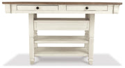 Ashley Furniture Bolanburg dining room set with a rectangular table and six upholstered chairs, shown from the back side.