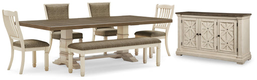Ashley Furniture Bolanburg dining room set with a wooden table and matching chairs in a modern dining space.