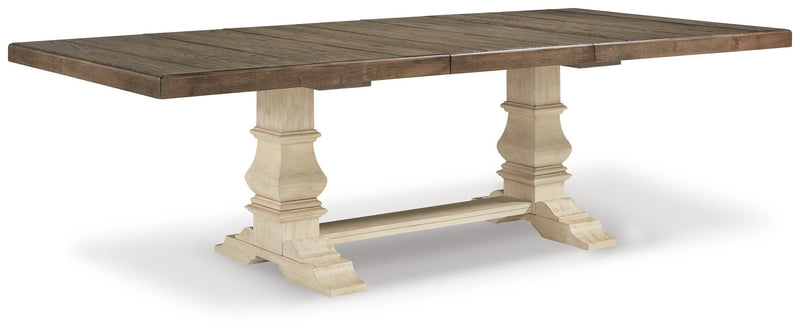 Ashley Furniture Bolanburg dining room set featuring a table with six matching chairs, shown from an angled view.