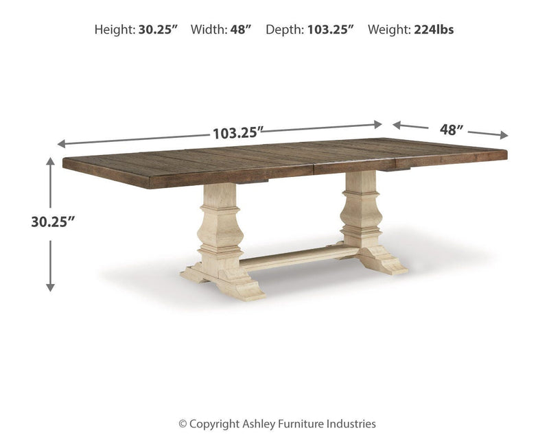 Ashley Furniture Bolanburg dining room set with a rectangular table and six matching chairs, showcasing a warm wood finish.