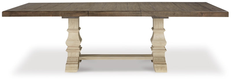 Ashley Furniture Bolanburg dining room set with a wooden table and matching chairs, shown from a head-on angle.