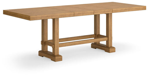 Ashley Furniture Havonplane counter height dining extension table shown from an angled side view with wood finish and sturdy legs.