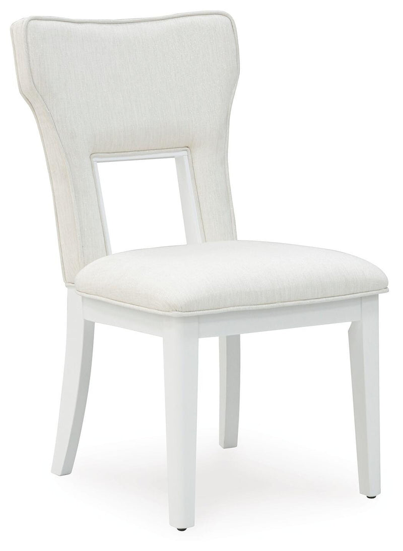Ashley Furniture Chalanna dining chair with dark wood legs and upholstered cushioned seat, shown from an angled side view.
