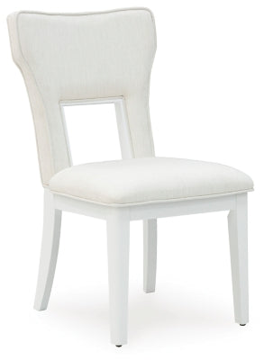 Ashley Furniture Chalanna dining chair with dark wood legs and upholstered cushioned seat, shown from an angled side view.