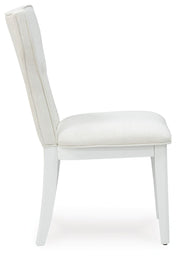 Side view of a Chalanna Ashley Furniture dining chair with upholstered seat and wooden legs.