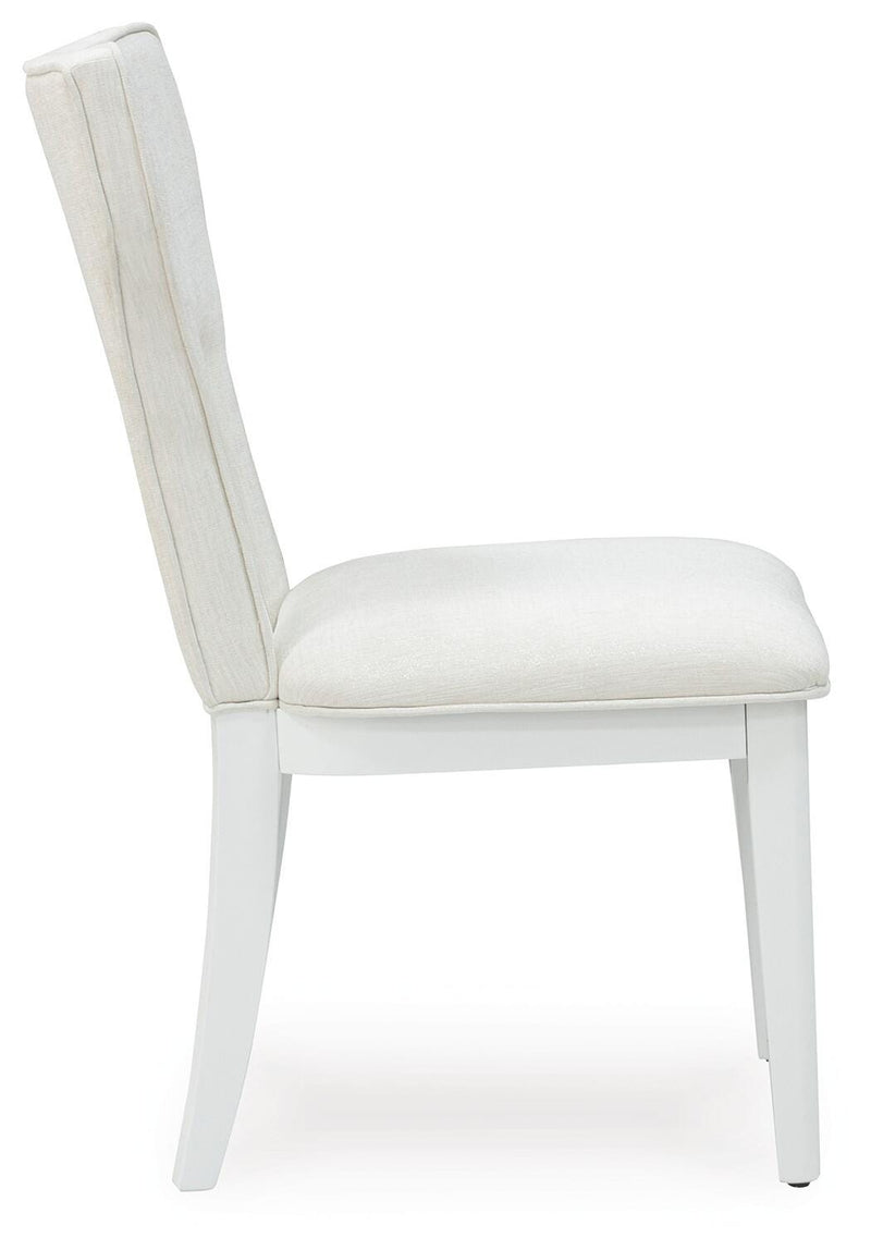 Side view of a Chalanna Ashley Furniture dining chair with upholstered seat and wooden legs.