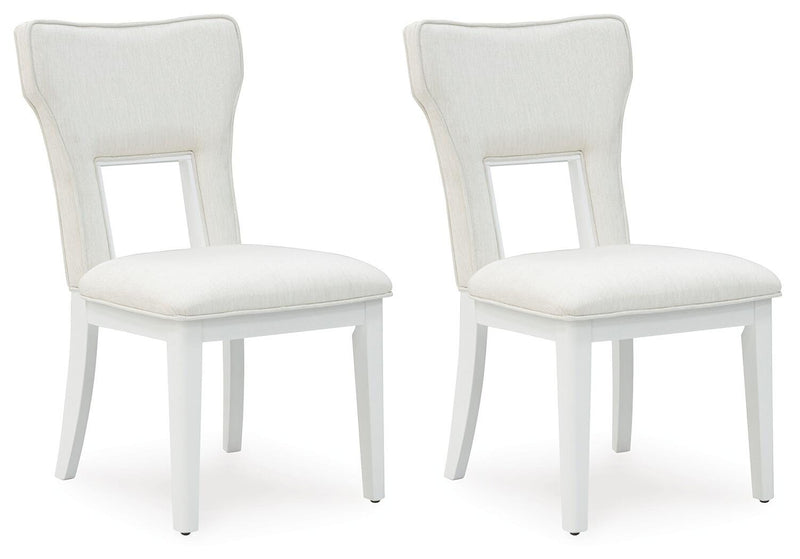 Ashley Furniture Chalanna dining chair with dark wood legs and upholstered seat, shown from an angled side view.