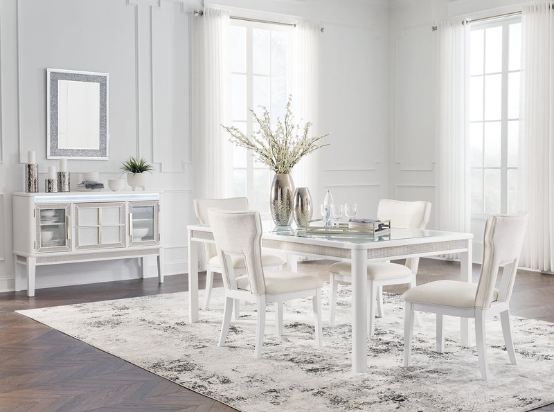 Ashley Furniture Chalanna dining room set with a table and six upholstered chairs in a modern design.