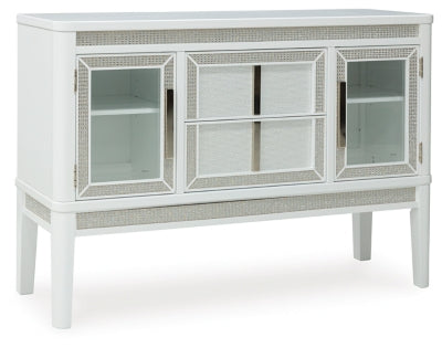 Ashley Furniture Chalanna Dining Server with open shelves and closed cabinets, showcasing a modern wood finish and elegant design.