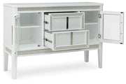 Ashley Furniture Chalanna dining server with open shelves and storage drawers, featuring a warm wood finish and modern design.