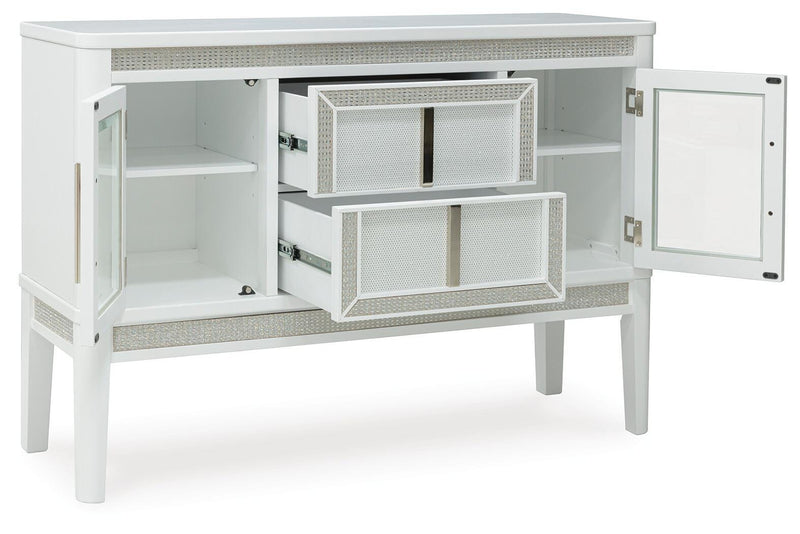 Ashley Furniture Chalanna dining server with open shelves and storage drawers, featuring a warm wood finish and modern design.