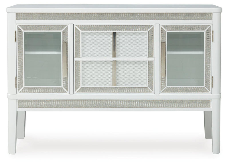 Ashley Furniture Chalanna dining server with LED lighting, featuring multiple drawers and storage compartments in a modern design.
