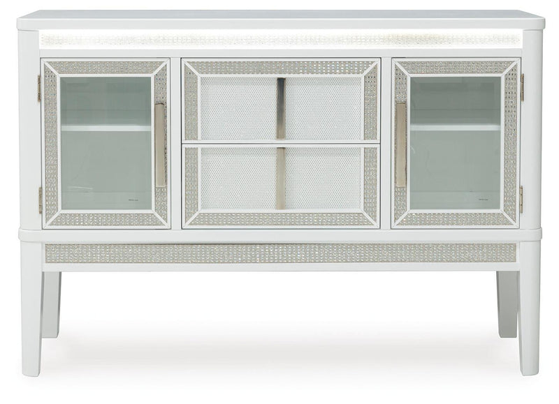 Ashley Furniture Chalanna dining server with LED lighting, featuring a modern wood finish and multiple storage compartments.