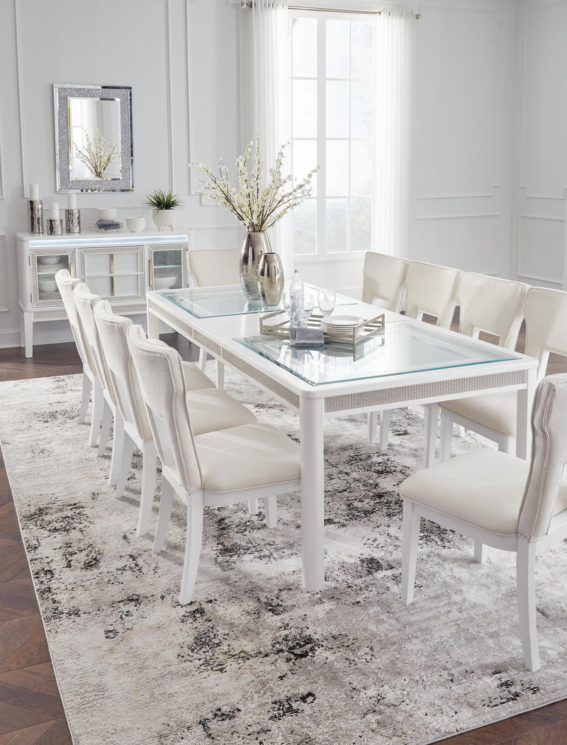 Ashley Furniture Chalanna dining room set with a rectangular table and six matching upholstered chairs, modern wood finish.