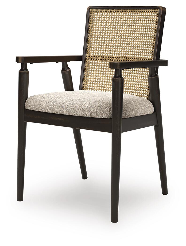 Ashley Furniture Galliden dining arm chair with upholstered seat and wooden legs, shown from an angled side view.