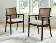 Ashley Furniture Galliden dining arm chair with upholstered seat and wooden frame, shown in a modern dining room setting.