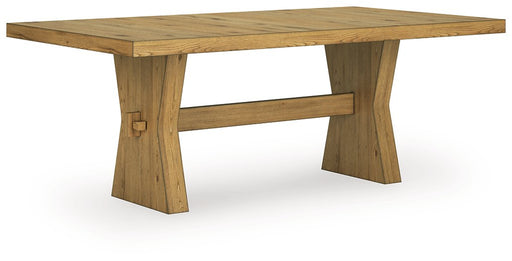 Ashley Furniture Galliden dining table shown from an angled side view, featuring a sleek wooden surface and sturdy legs.