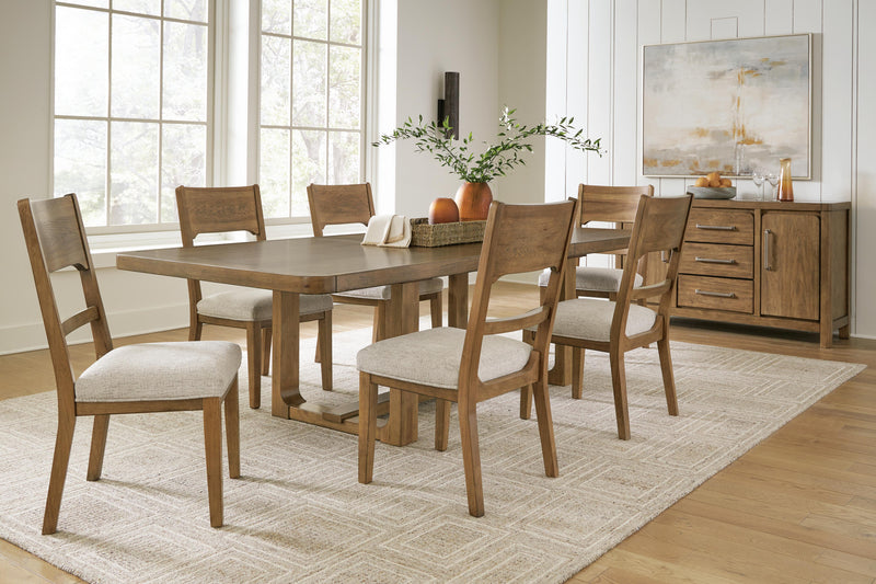 Ashley Furniture Cabalynn dining server with wood finish, featuring multiple drawers and storage compartments for dining room organization.