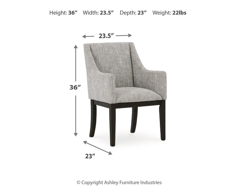 Ashley Furniture Burkhaus dining arm chair with upholstered seat and wooden frame, showcasing elegant design and comfortable seating.