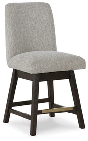 Ashley Furniture Burkhaus dining room set with a rectangular table and six upholstered chairs, shown from an angled perspective.