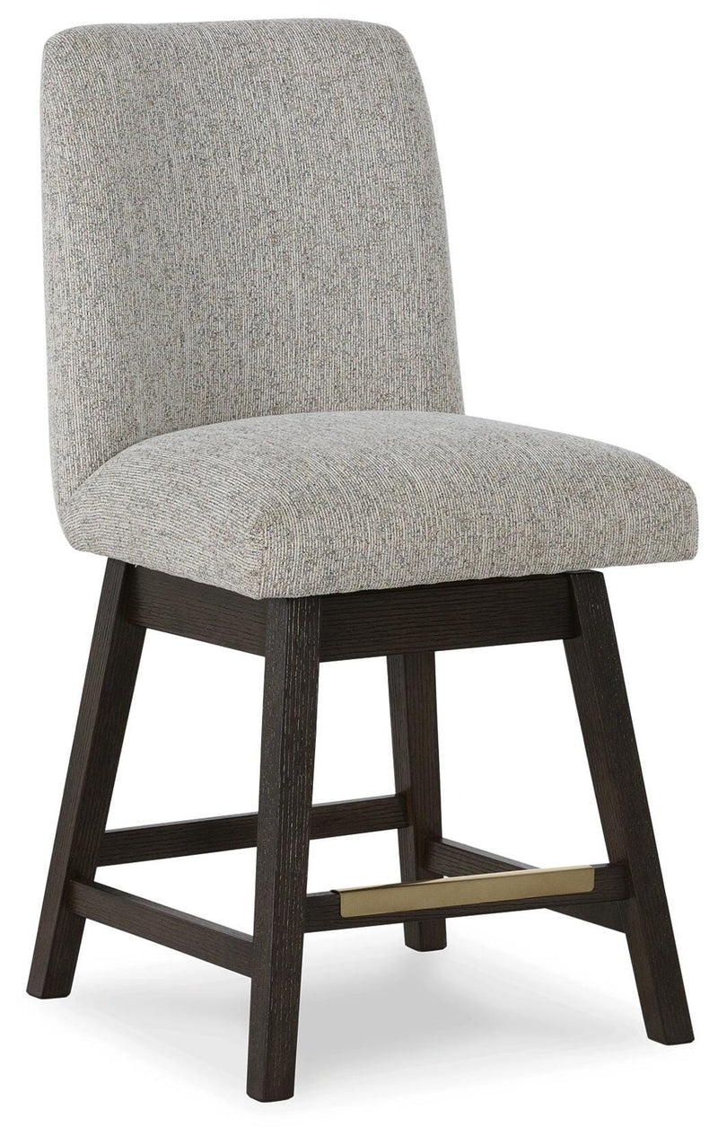 Ashley Furniture Burkhaus dining room set with a rectangular table and six upholstered chairs, shown from an angled perspective.
