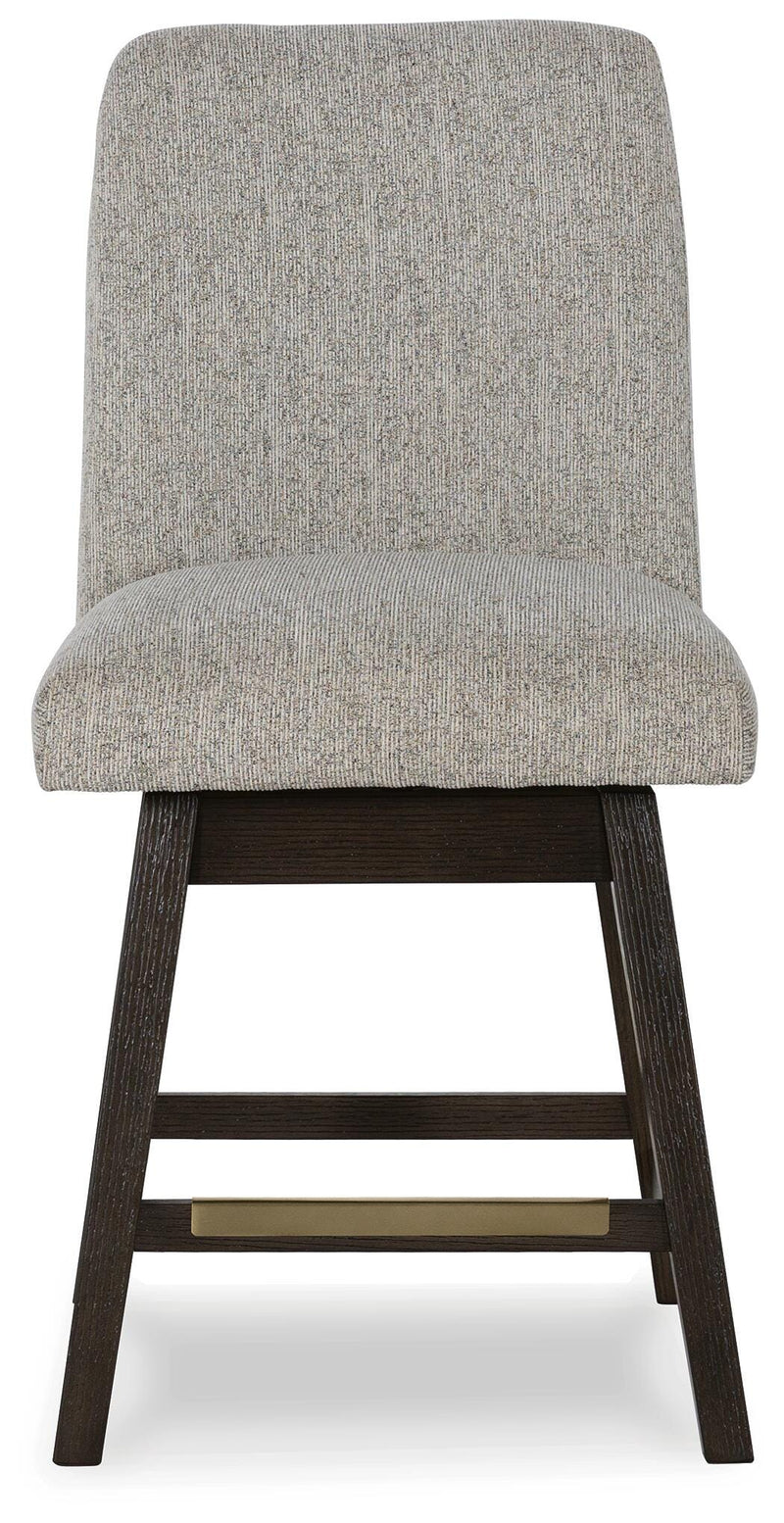 Ashley Furniture Burkhaus dining room set with a wooden table and matching chairs, shown from a head-on perspective.