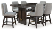Ashley Furniture Burkhaus dining room set with a table and six chairs, featuring a dark wood finish and modern design.