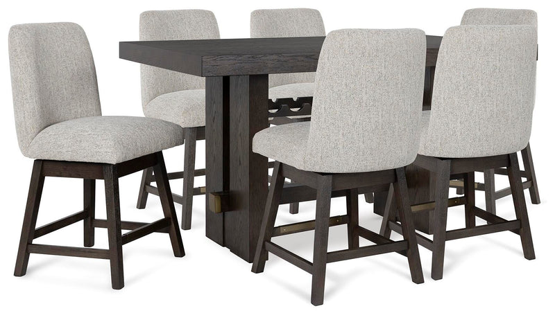Ashley Furniture Burkhaus dining room set with a table and six chairs, featuring a dark wood finish and modern design.