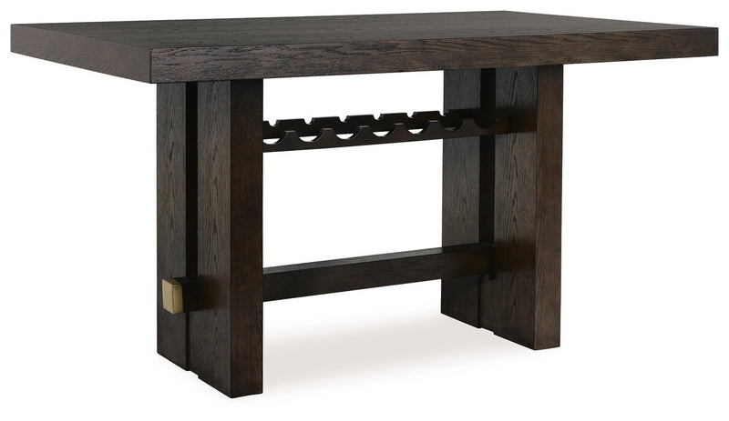 Ashley Furniture dining room set with a wooden table and matching chairs, viewed from an angled side perspective.
