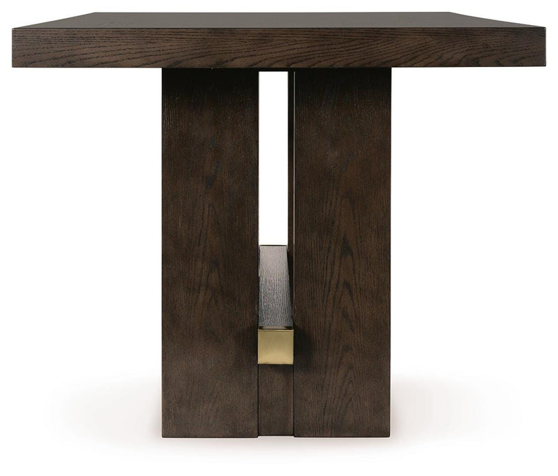 Ashley Furniture Burkhaus dining room set with a table and matching chairs, showcasing a modern wood finish and sleek design.