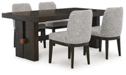 Ashley Furniture Burkhaus dining room set with wooden table and six chairs, featuring a modern design and dark finish.