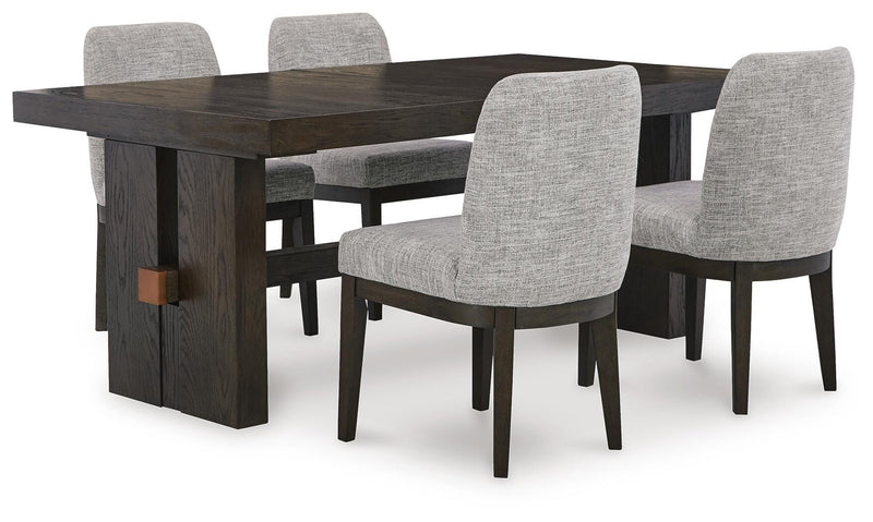Ashley Furniture Burkhaus dining room set with wooden table and six chairs, featuring a modern design and dark finish.