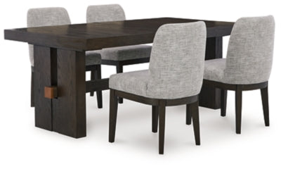 Ashley Furniture Burkhaus dining room set with wooden table and six chairs, featuring a modern design and dark finish.