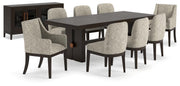 Ashley Furniture Burkhaus dining room set with a wood table and six upholstered chairs in a modern design.