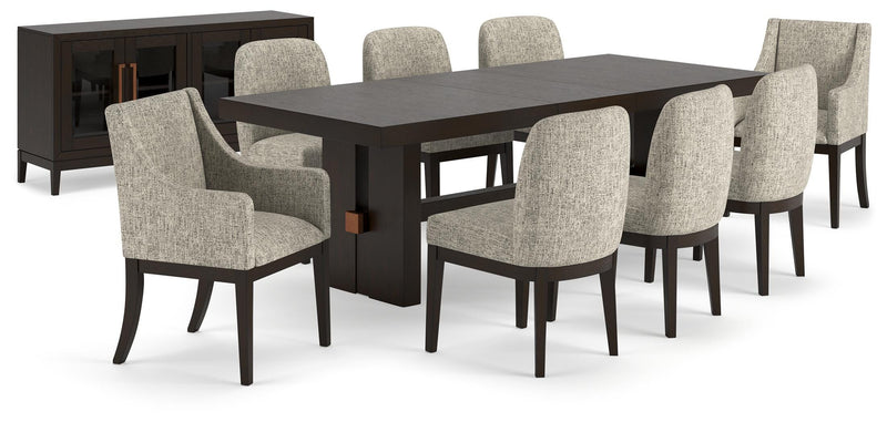 Ashley Furniture Burkhaus dining room set with a wood table and six upholstered chairs in a modern design.