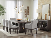 Ashley Furniture Burkhaus dining room set with rectangular table and six upholstered chairs, shown in a modern dining space.
