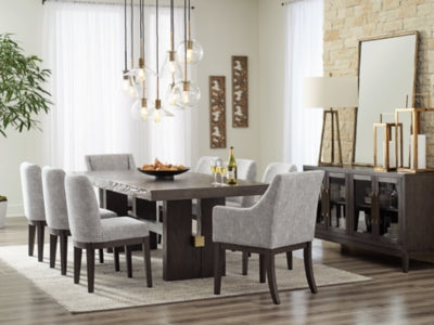 Ashley Furniture Burkhaus dining room set with rectangular table and six upholstered chairs, shown in a modern dining space.