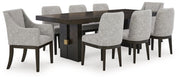 Ashley Furniture Burkhaus dining room set with a wooden table and matching chairs, shown in a modern dining space.