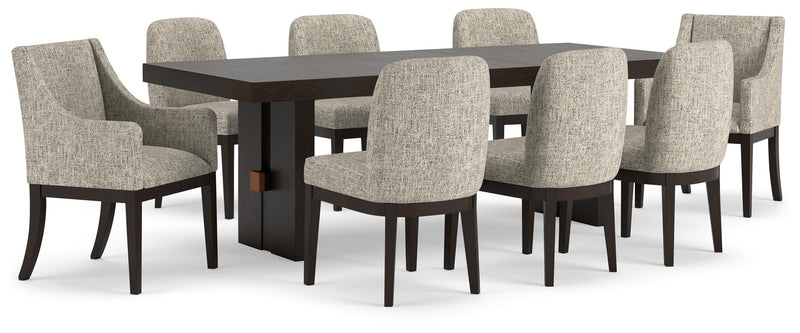 Ashley Furniture Burkhaus dining room set with a wooden table and matching chairs, shown in a modern dining space.