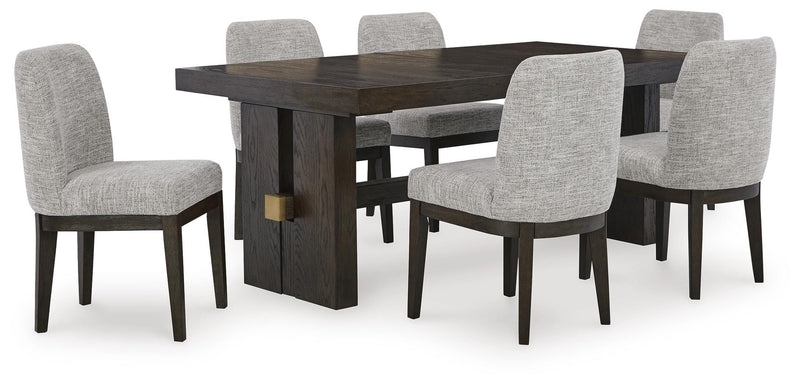 Ashley Furniture Burkhaus dining room set with a wooden table and matching chairs in a modern dining space.