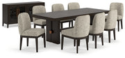 Ashley Furniture Burkhaus dining room set with a wooden table and six chairs, featuring a dark finish and classic design.