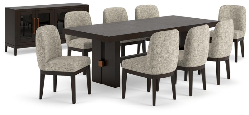 Ashley Furniture Burkhaus dining room set with a wooden table and six chairs, featuring a dark finish and classic design.