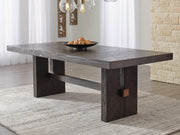 Ashley Furniture Burkhaus dining room set with a table and chairs, featuring a modern wood finish and stylish design.