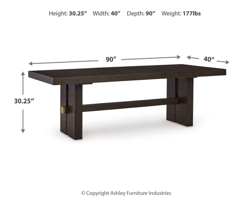 Ashley Furniture Burkhaus dining room set with a wooden table and matching chairs arranged in a modern dining space.