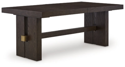 Ashley Furniture Burkhaus dining room set with a table and chairs, shown from an angled side view in a modern dining space.