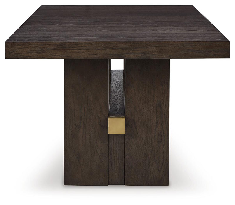 Ashley Furniture Burkhaus dining room set with a wooden table and six matching chairs, shown in a modern dining space.