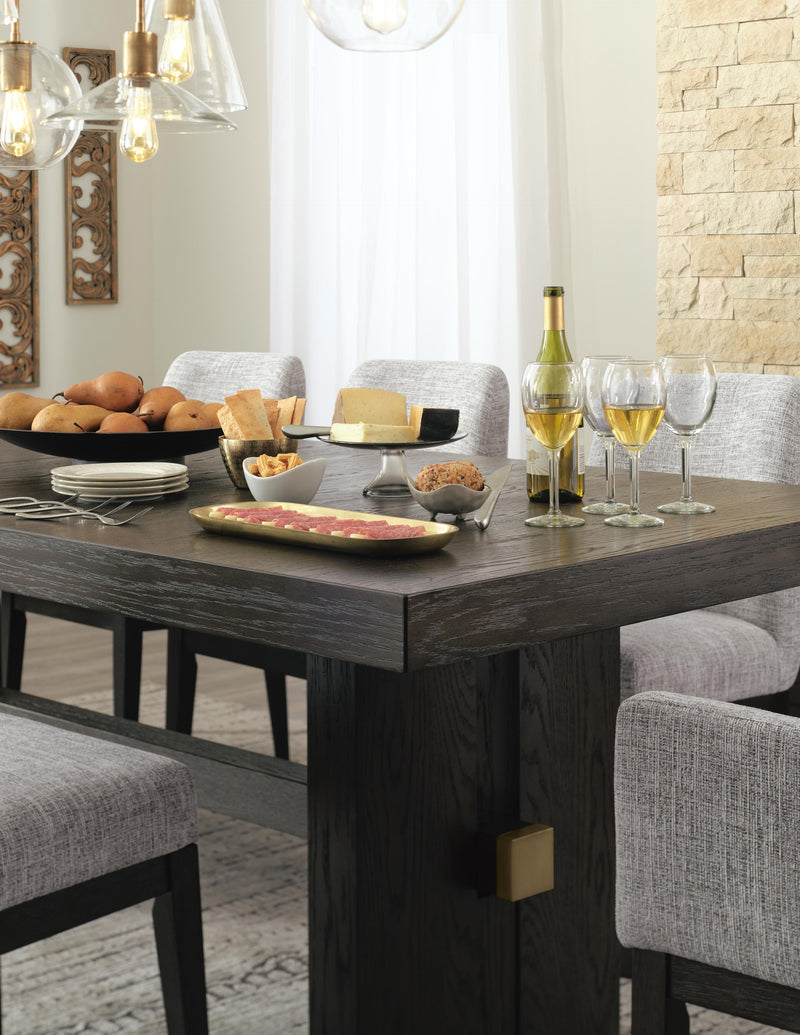 Ashley Furniture dining room set with a polished wooden table and matching chairs, showcasing elegant craftsmanship.