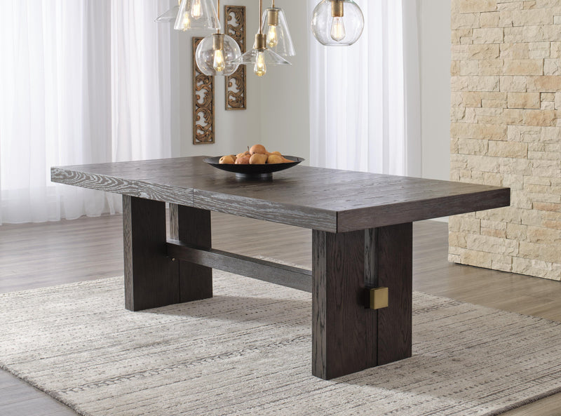 Ashley Furniture Burkhaus dining room set with a wooden table and six matching upholstered chairs, stylish and elegant for dining spaces.